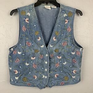 Vtg Stonybrook Vest Womens Large Blue Denim Embroidered Floral Cottagecore